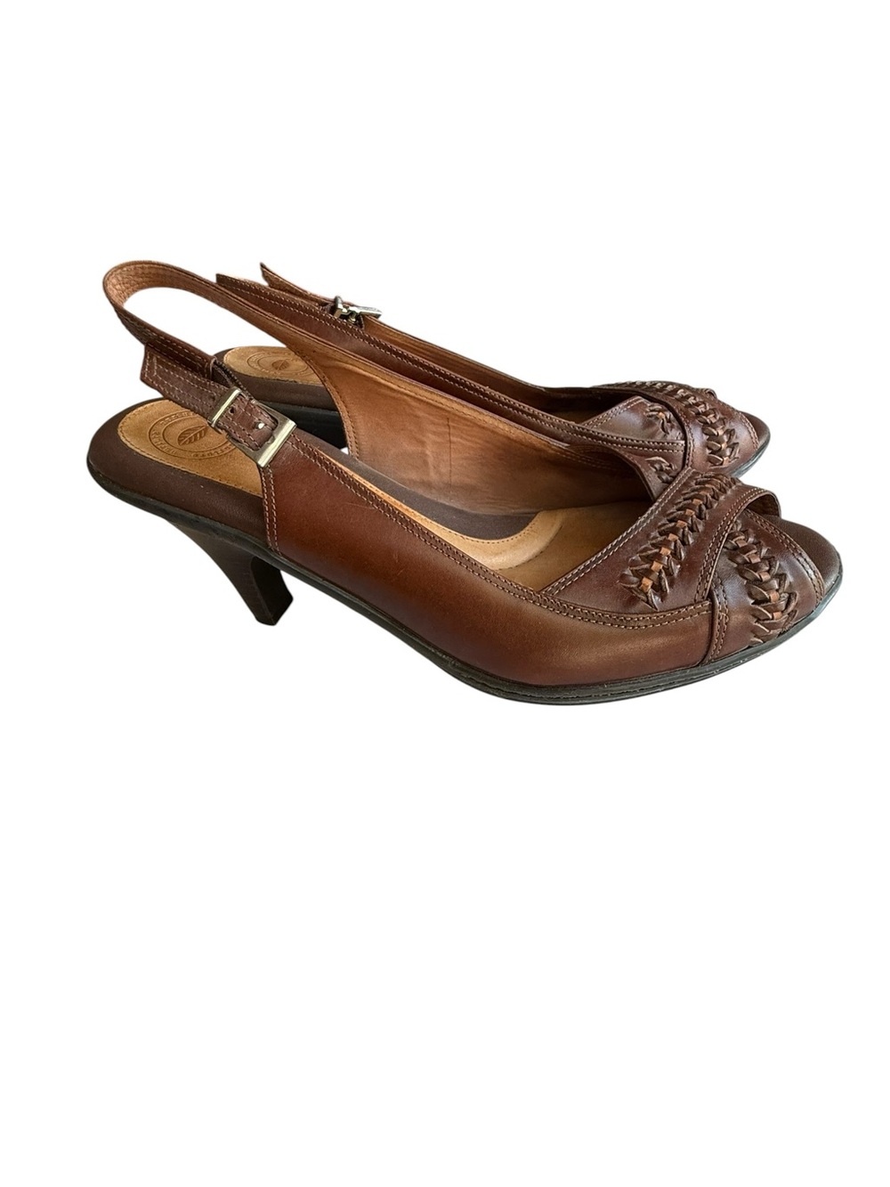 Nurture Leather Sling Back Comfort Heel Shoe Brown Size 9.5M Peep Toe Boho